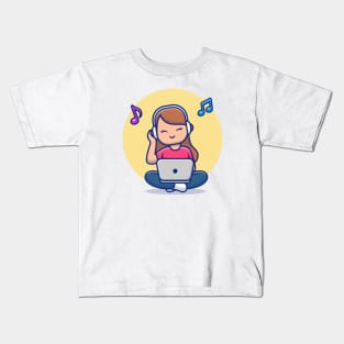 Girl Listening Music With Headphone And Laptop Kids T-Shirt